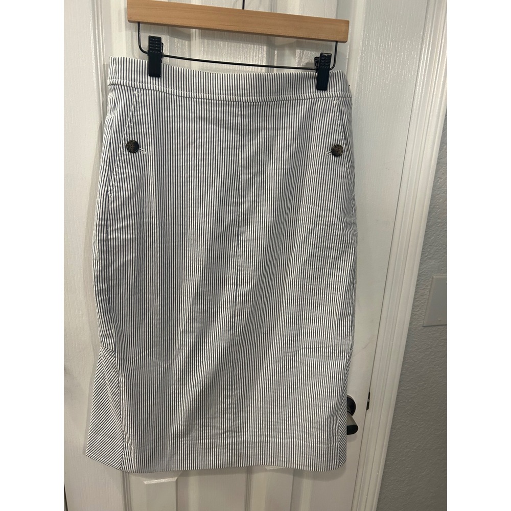 J.Crew Seersucker Midi Skirt Blue White Striped Trumpet Flounce AO781 Size 4